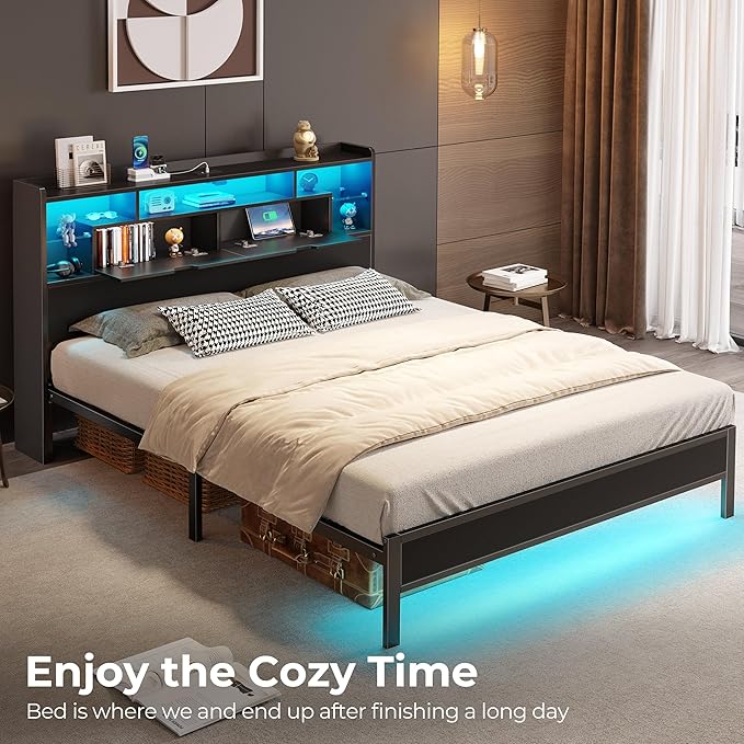 Rolanstar Full Size Bed Frame with Headboard, LED Bed with Bookcase Storage and Charging Station, Metal Platform Bed with Glass Shelves, No Box Spring Needed, Noise-Free, Black