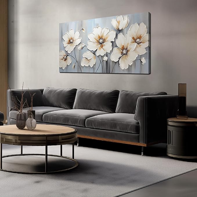 Large Artwork Canvas Wall Art for Living Room Bedroom Modern White Flower Theme Picture Wall Art with Frame Canvas Decorative Artwork Hangable Decor Painting Size 20x40
