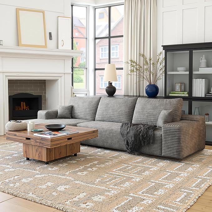 Sectional Couches for Living Room 112" L-Shape Cloud Couch Modern Modular Sectional Sofa Bad, Boneless Couch with Left Deep Seat, No Assembly Required (Plush Corduroy Fabric, Grey)
