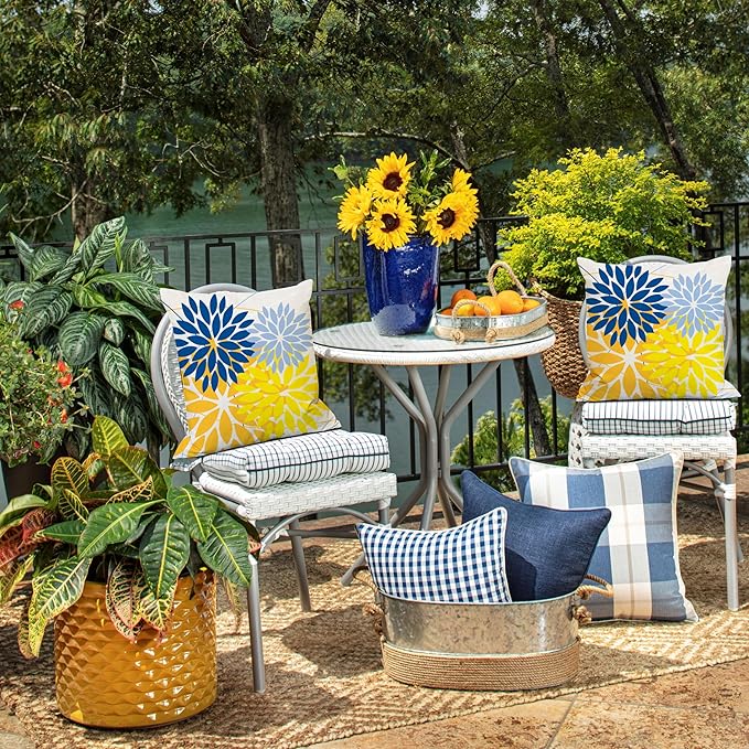 DFXSZ Outdoor Pillow Covers 18x18 Inch Set of 2 Yellow Blue Flower Decorative Waterproof Spring Summer Outdoor Pillow Covers for Patio Funiture Garden Couch 168E18