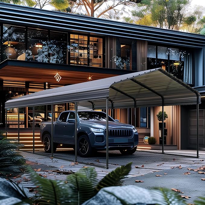 GREEN PARTY 12 x 25 ft Metal Carport Kits with Galvanized Steel Roof, Heavy Duty Metal Carport Canopy, Outdoor Car Tent Metal Garage Shelter for Car, SUV, Truck and Boats, Grey