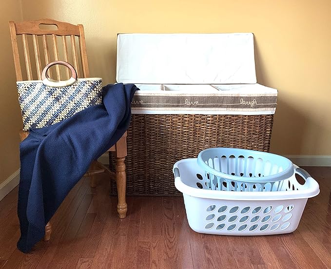Handcrafted Wicker Oversized 3 Section Divided Laundry Hamper Sorter and Organizer Handwoven Rattan Basket with Lid, Cloth Liner and Coconut Buttons, Jute Rope, and Raffia Weave Accent