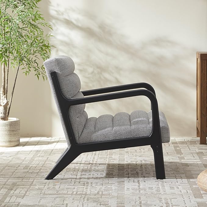 VKNOW Accent Chair with Rubberwood Frame Accent Chair Set of 2, Mid-Century Modern Upholstered Reading Armchair, High Back Lounge Armchair Living Room Chair for Bedroom Reading Room, Grey