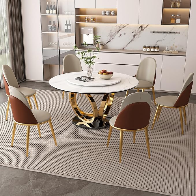 Dining Table Set with 6 Chairs, 53" Round Modern Marble Dining Table with Lazy Susan, Sintered Stone Top for Kitchen, Dining Room, Dinette