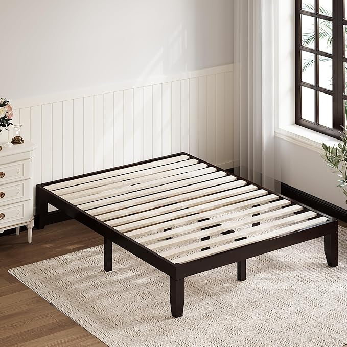 Giantex Full Wood Platform Bed Frame, 14 Inch Solid Rubber Wood Mattress Foundation, Heavy Duty Wooden Slats Support, No Box Spring Needed, Easy Assembly, Espresso