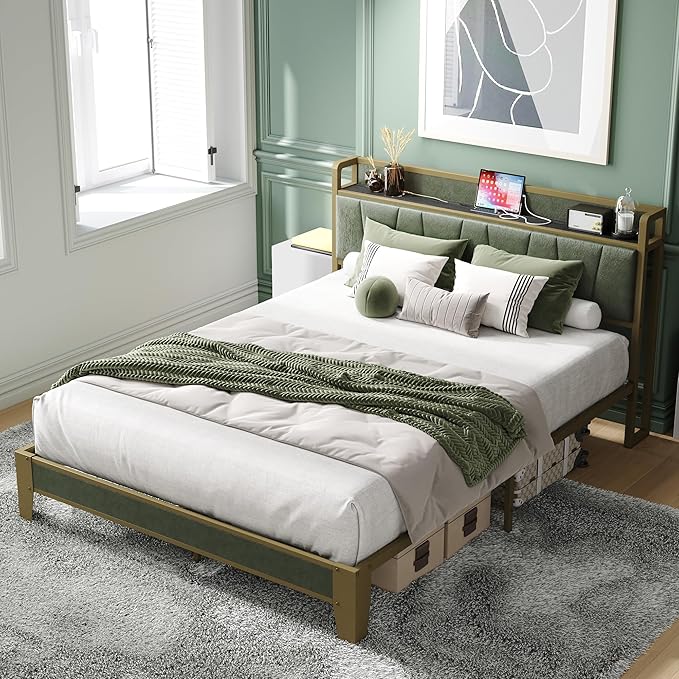LIKIMIO Queen Bed Frame, Storage Headboard with Charging Station, Solid and Stable, Noise Free, No Box Spring Needed, Easy Assembly (Dark Green)