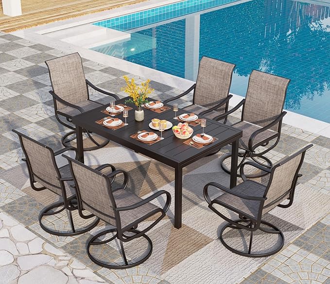 PHI VILLA Patio Dining Set 7 Piece for All Weather, Outdoor Table & Chairs Set for 6 with Swivel Patio Dining Chairs and 1 Extendable Large Patio Table for 6-8 Person