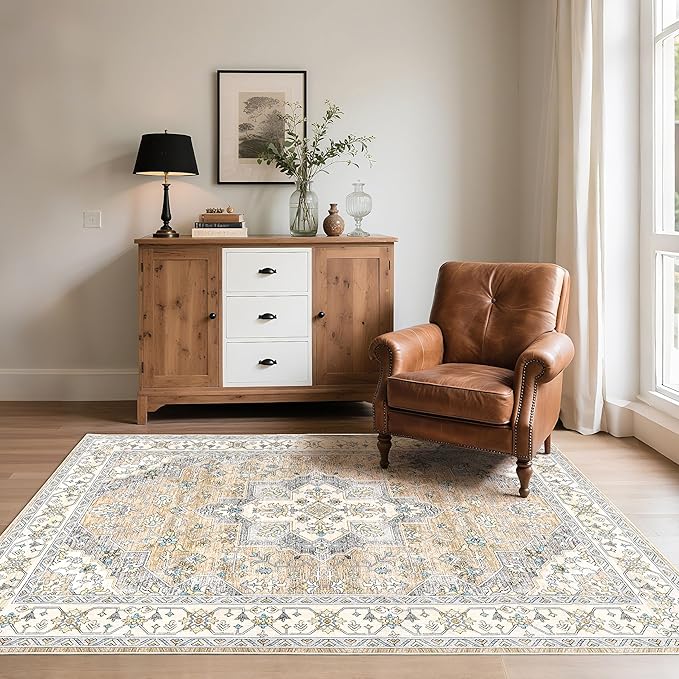 Living Room Rug 6x9 Rug, Machine Washable Area Rug Non Slip Low Pile Vintage Rug for Living Room, Bedroom, Farmhouse, Dining Room, Kids Playroom, Beige