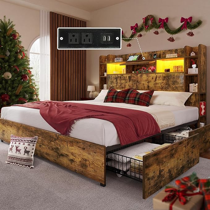 YITAHOME King Bed Frame with Bookcase Headboard and 4 Storage Drawers, RGB LED Lights Bed with Type-C & USB Charging Station Storage Headboard Bed Frame, No Box Spring Needed, Noise Free, Rustic Brown