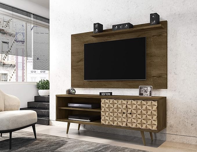 Manhattan Comfort Liberty Mid Century Modern TV Stand for Televisions up to 60 Inches, Bedroom and Living Room Entertainment Center with Storage, Shelves, and Cabinet, 63" Wide, Brown/3d Print