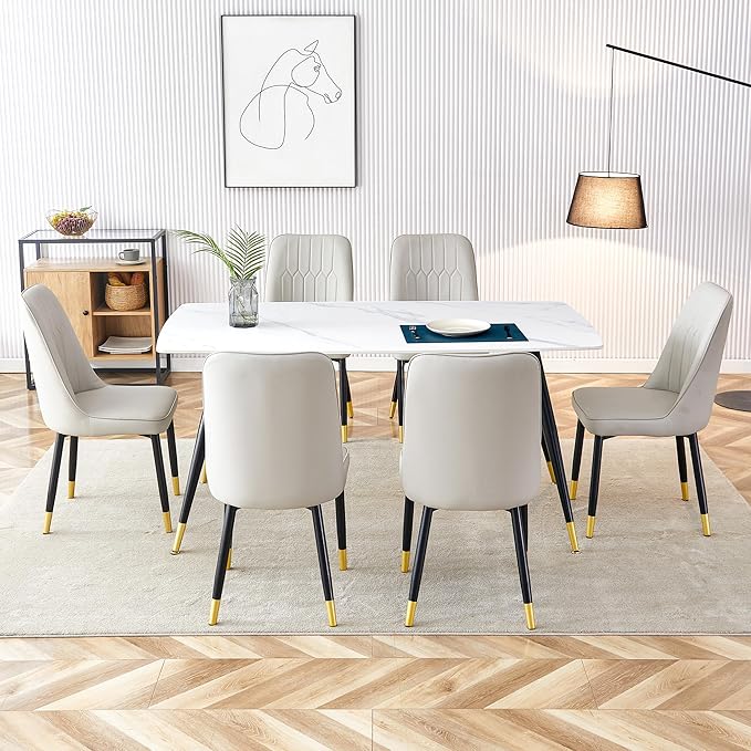 7 Piece Dining Table Set, Dinner Table Set for 6, Sintered Stone Kitchen Table Top and Modern Chairs Set of 6 for Kitchen Dining Room