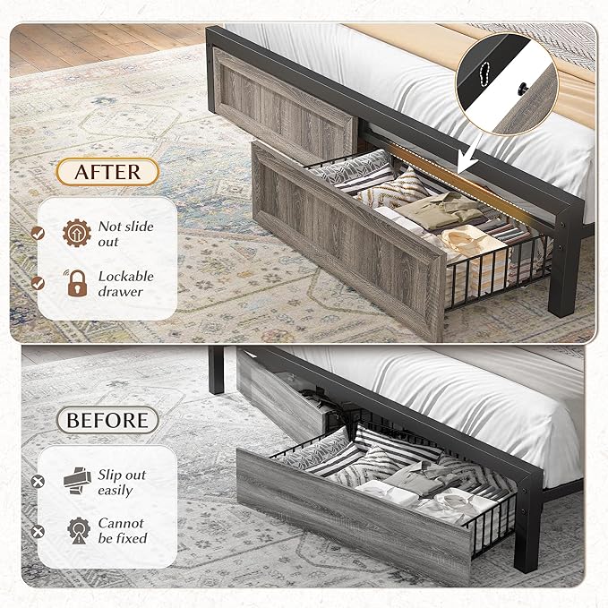 EnHomee Full Size Bed Frame with 2 Storage Drawers and Headboard Full Bed Frame with Built in Charging Station & LED Light,NO Noise,No Box Spring Needed,Light Grey