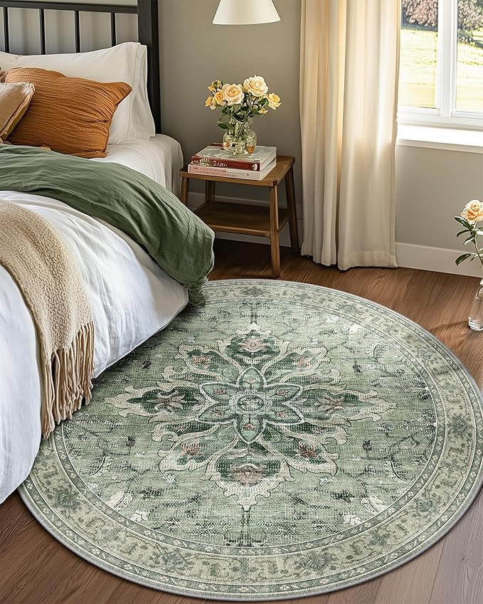 Area Rugs 6ft Washable Non-Slip, Floral Vintage Distress Print Pattern Medallion Carpet for Living Room Bedroom Dining Room, Dark Green Gray