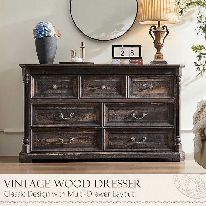 Yechen Rustic 7-Drawer Solid Wood Dresser for Bedroom & Living Room – Vintage Storage Cabinet with Decorative Hardware, Sturdy Construction & Versatile Organizing Solutions (Dark Rustic Oak)