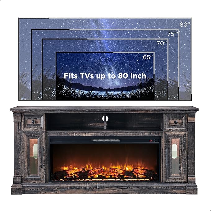 OKD Farmhouse Fireplace TV Stand for 80 Inch TV, Entertainment Center with 42" Fireplace & LED Lights, Modern Media Console Table with Storage Drawers & Cabinets for Living Room, Dark Rustic Oak