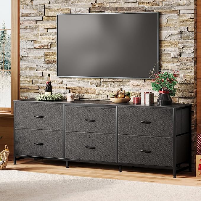 Huuger 63 Inch Long Dresser for Bedroom, Wide TV Stand for 55, 65, 70 Inch TV, 6 Drawer Dresser for Closet with Fabric Drawers, Storage Organizer for Bedroom, Entryway, Black