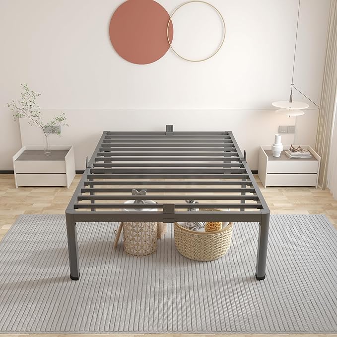 ROIL 14 inch Twin Bed Frames with Headboard Hole and Round Corner Legs Mattress Retainers 3500LBS Heavy Duty Steel Slats No Box Spring Needed Platform Noise-Free Easy Assembly