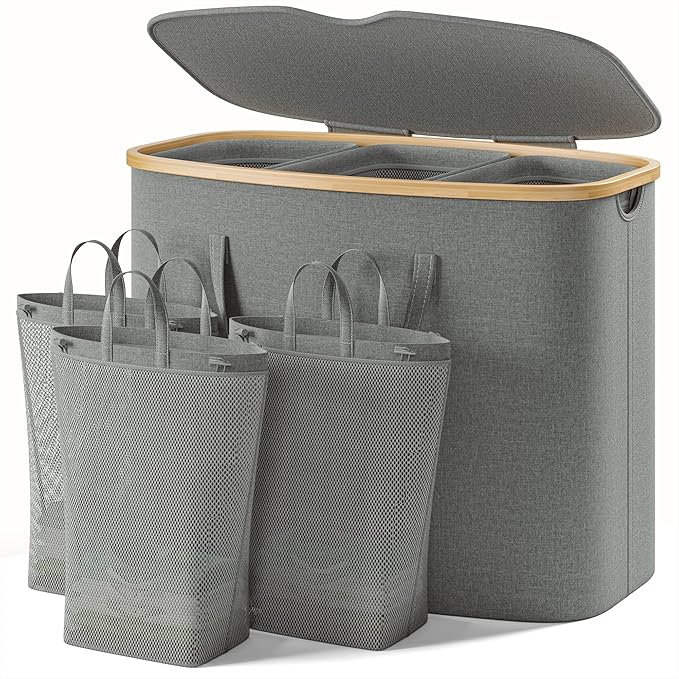 205L Laundry Hamper with Lid 3 Section, Extra Large Laundry Basket with 3 Removable Bags, 54GAL Laundry Basket Organizer for Bedroom, Laundry Room, Dorm,Clothes Hamper,Grey
