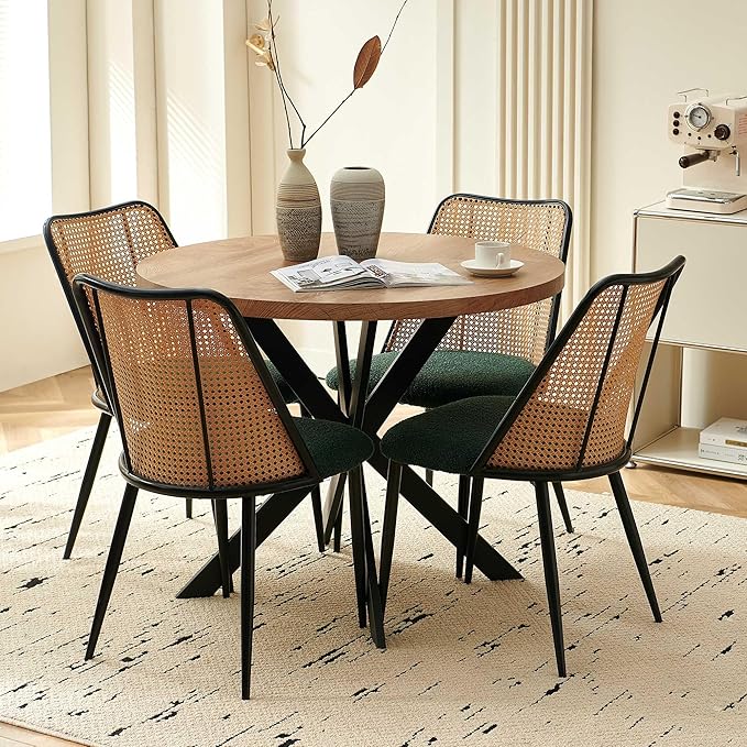 Green Dining Chairs Set of 4, Upholstered Home Kitchen Chairs Woven Rattan Back Boho Dining Room Chairs Comfortable with Metal Legs for Living Room Dining Hall