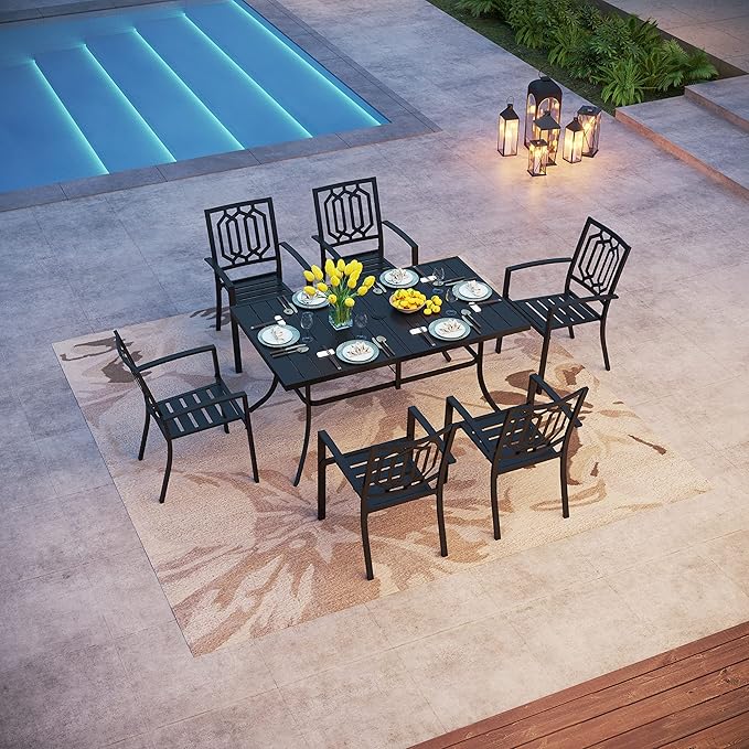 PHI VILLA Outdoor Dining Set 7 Pcs 1 Metal Dining Table and 6 Outdoor Dining Chairs Metal Patio Bistro Stackable Chairs, Black for Outdoor Backyard Bistro Furniture Set