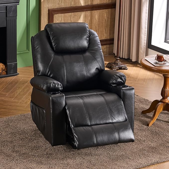 SALOHZA Power Lift Recliner Chair for Elderly with Massage and Heat for Living Room, Electric Recliner Chair for Adults with USB/Type C Port/Cup Holders, PU Faux Leather, Black