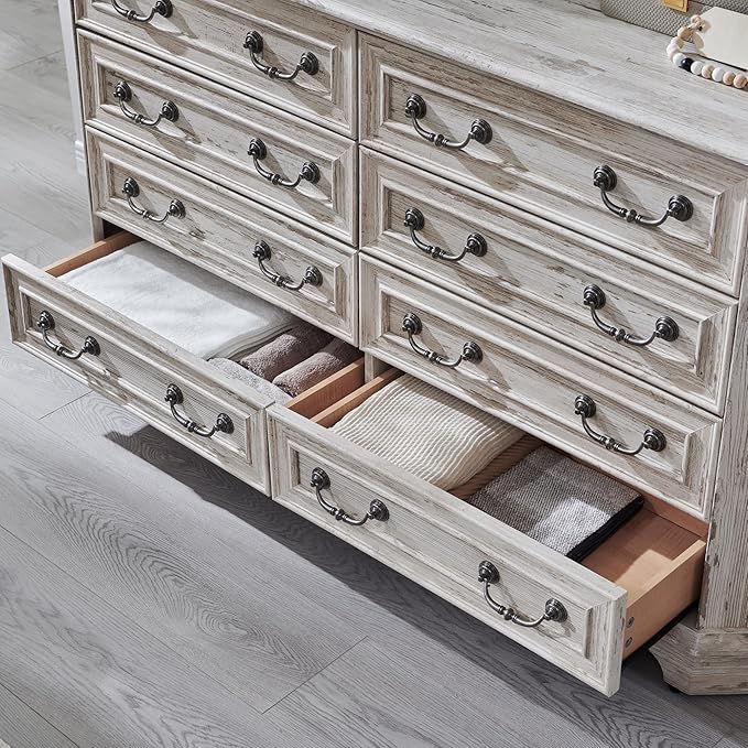 T4TREAM Farmhouse 8 Drawers Dresser for Bedroom, 54" Wide Wood Rustic Chest of Drawers with Natural Texture, Vintage Design, Storage Dressers Organizer for Bedroom, Living Room, Distressed White