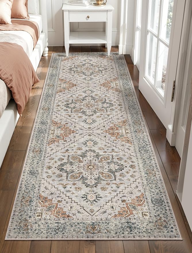 Tangsoo 2.6x8 Washable Runner Rug for Hallways, Non Slip Vintage Runner Rugs, Soft Low Pile Long Rugs Print Distressed Taupe Carpet Runners for Kitchen Bedroom Entryway Bathroom Living Room