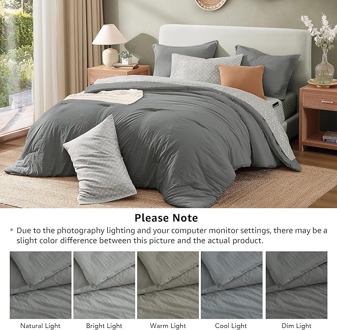 Monbix Queen Comforter Set - 7 Pieces Granite Grey Prewashed Bed in a Bag Queen Bedding Sets with Comforters, All Seasons Down Alternative Comforter Bed Set with Sheets,Pillowcases & Shams