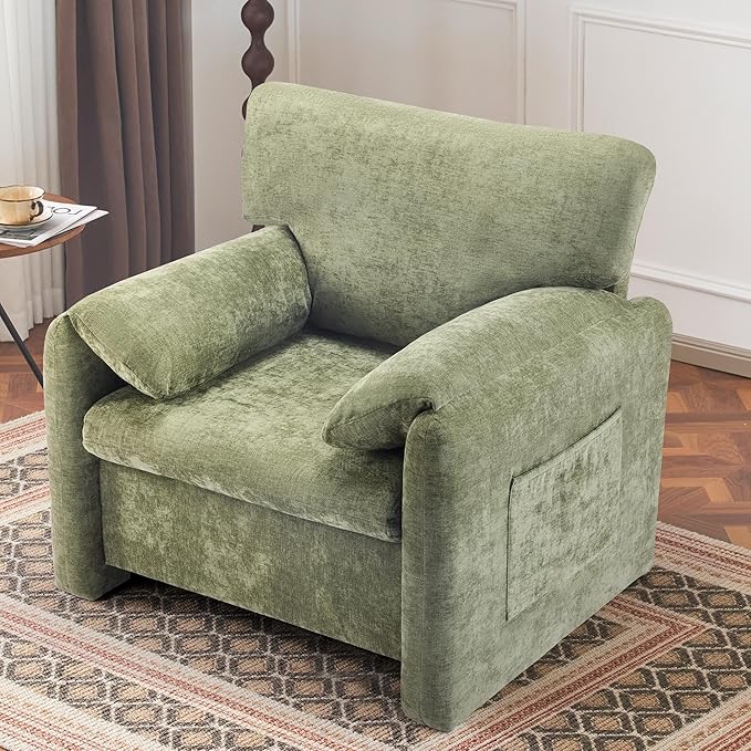 39" Modern Chenille Oversized Armchair, Wide Accent Chair Set of 2, Mid Century Single Sofa Chairs, Comfy Upholstered Reading Chair for Living Room, Bedroom, and Apartment (Green)