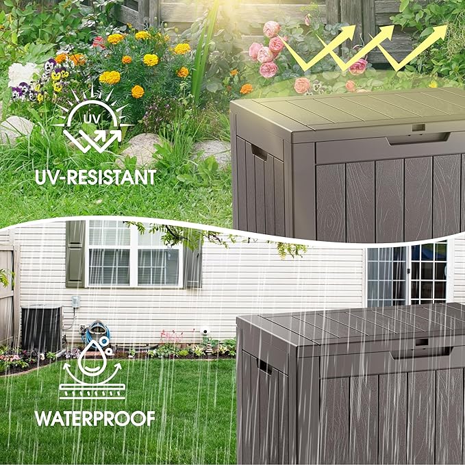 33 Gallon Outdoor Storage Box, Waterproof Resin Deck Box for Indoor & Outdoor Use â Lockable Patio Storage Bin for Garden Tools, Package Deliveries, Pool Accessories, Sports Gear & Furniture-Grey