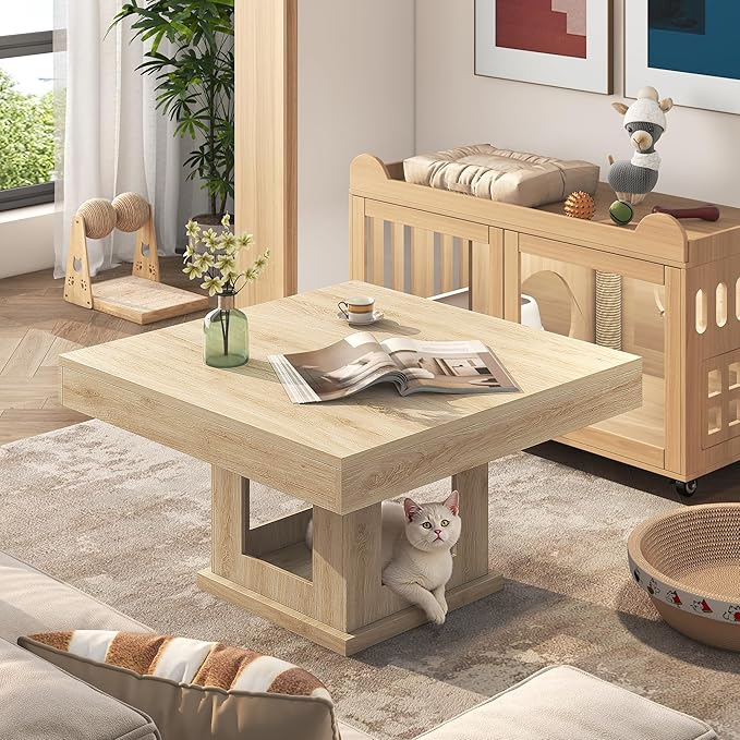 Square Coffee Table, Wooden Coffee Table with Storage and Cat House, Cocktail Table for Living Room, Farmhouse Large Natural Wood Center Table