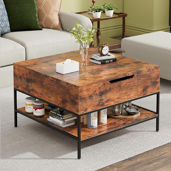 Flip Top Coffee Table with Storage, Square Coffee Tables with Large Hidden Compartment, Farmhouse Rustic Pottery Barn Coffee Table with Opening & Shelf for Living Room, Assembly Required