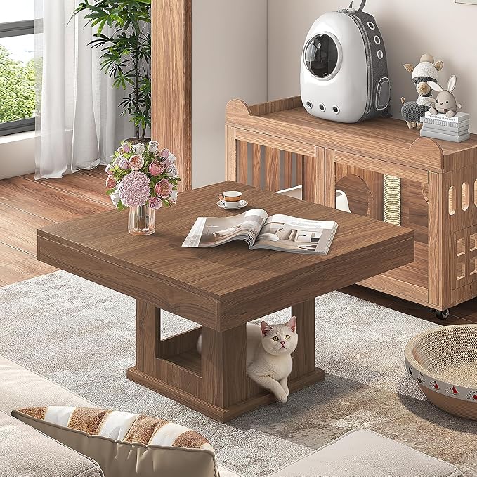 Square Coffee Table, Wooden Coffee Table with Storage and Cat House, Rustic Brown Cocktail Table for Living Room, Farmhouse Large Center Table