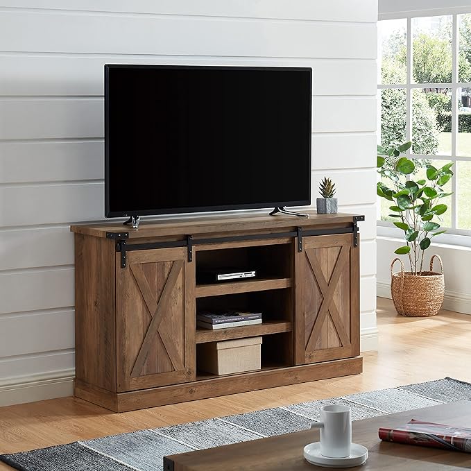 Farmhouse Sliding Barn Door TV Stand for TV up to 65 Inch Media Console Table Storage Cabinet Wood Entertainment Center Ranch Rustic Style Rustic Oak