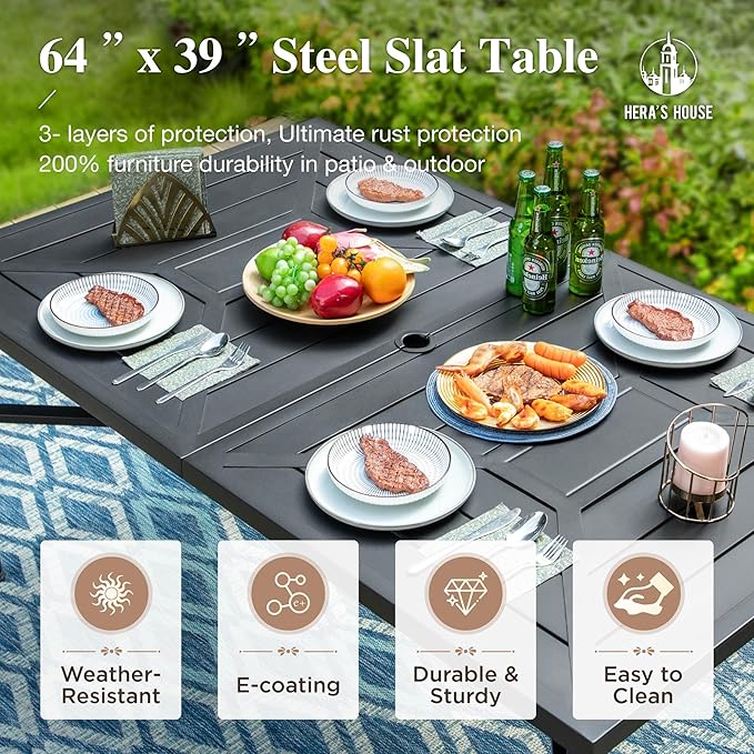 HERA'S HOUSE 7-Piece Patio Dining Set, 6 x Outdoor Rattan Armchair with Removable Soft Cushions and 1 x Rectangular Metal Dining Table, All-Weather Resisitant, Suitable for Lawn, Garden, Backyard