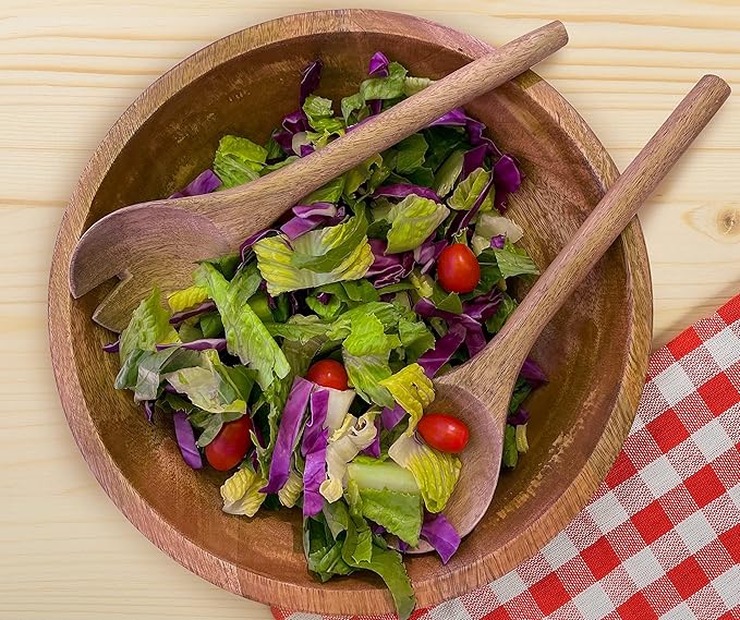 Large Wooden Salad Bowl 11.5 Inches with Serving Utensils | Mango Wood Bowl Set for Serving | Large Wood Salad Bowl for Family Meals, Pasta, Popcorn | Handcrafted Wooden Serving Bowl