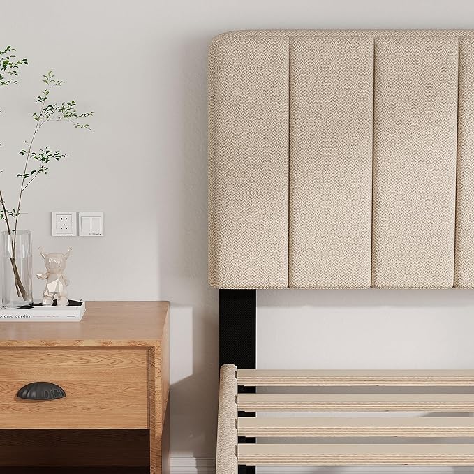 Full Size Bed Frame with Headboard,Fabric Upholstered Platform Bed Frame with Wooden Slats Support,No Box Spring Needed/Non-Slip Without Noise/Easy Assembly, Beige