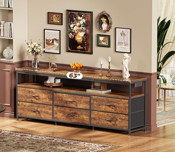 Huuger 63 Inch TV Stand for 55, 65, 70 Inch TV, Long Dresser TV Stand for Bedroom, LED TV Stand with Power Outlets, Rustic Fabric Drawer Dresser with Storage, Entertainment Center for Living Room