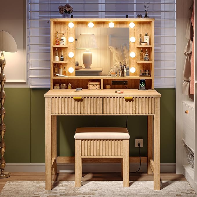 Vanity Desk with HD Mirror and 3-Color Adjustable Lights, Fluted Makeup Vanity with Storage Stool, 2 Large Drawers & Charging Station, Small Vanity for Women's Bedroom, Dressing Room, Oak