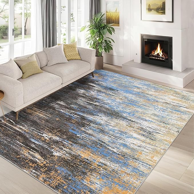 Modern Abstract Living Room Rug 10x13, Machine Washable Large Carpet, Non Slip Low Pile Throw Rug, Ultra Soft Indoor Floor Carpet for Bedroom Dining Room Table Home Decor, Blue/Brown