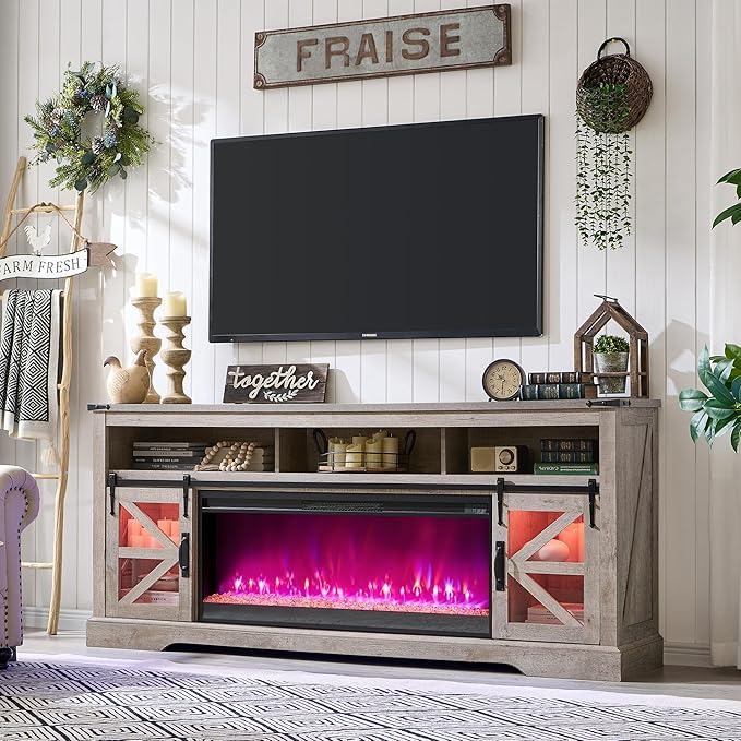 OKD 75" Fireplace TV Stand for 85" TV, 33" Tall Highboy Farmhouse Entertainment Center w/ 42'' Electric Fireplace, LED Light, Rustic Media Console w/Sliding Barn Door for Living Room, Light Rustic Oak