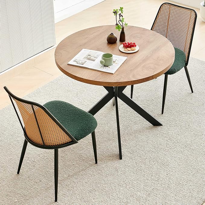 NORDICANA 3-Piece Wooden Dining Set, Space-Saving Round Table & Chair Set for Kitchen, Breakfast Nook, Rattan Wicker Dining Chairs with Boucle Seats - Green
