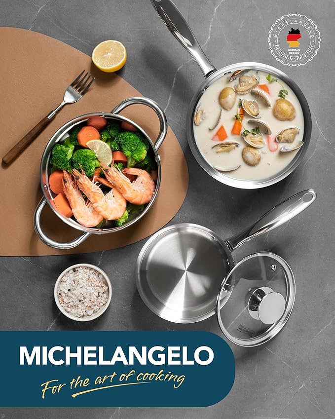 MICHELANGELO Stainless Steel Saucepans with Steamer 5Pcs, 18/10 Saucepan Set with Glass Lids, Sauce Pot Set with Triply Bottom Induction Compatible - 1QT & 2QT