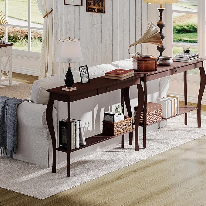 ChooChoo 47 Inch Narrow Console Table with Drawer, Chic Accent Sofa Entryway Table with Shelves for Entryway, Living Room, Hallway, Espresso