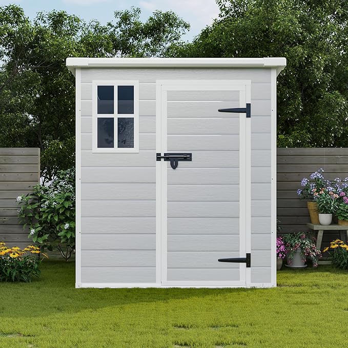 6x6 FT Outdoor Storage Resin Shed with Floor, Plastic Garden Tool Shed with Sloped Roof, Lockable Door & Windows, Easy to Assemble Bike Shed for Lawn, Backyard, Patio, White
