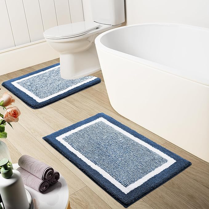 OLANLY Toilet Rugs U-Shaped 24x20, Extra Soft and Absorbent Microfiber Bathroom Rugs, Non-Slip, Machine Wash Dry, Plush Shaggy Contour Bath Mats for Toilet Base (Navy and White)