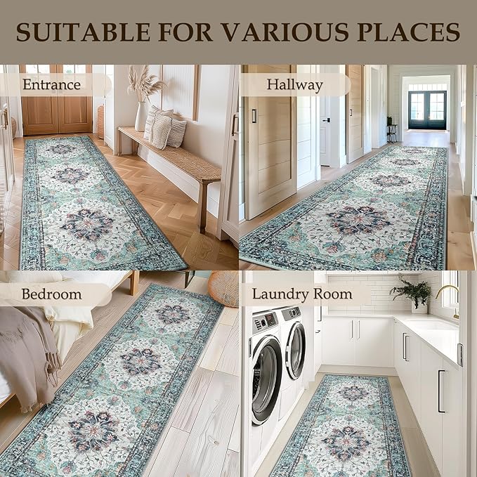 Area Rugs 2'x8' Washable Non-Slip, Floral Vintage Distress Print Pattern Medallion Carpet for Living Room Bedroom Dining Room, Green Navy Blue White Red Teal Colorful