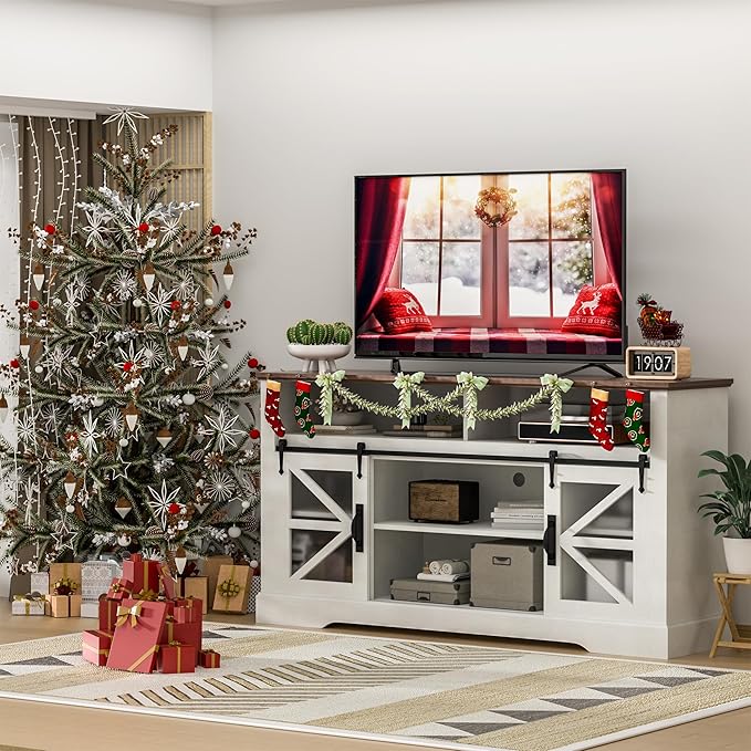 Farmhouse TV Stand,60-Inch TV Entertainment Center with Storage,Sliding Barn Doors and Adjustable Shelves,Suitable for TVs 24-70 Inches,for Living Room,Bedroom and Office