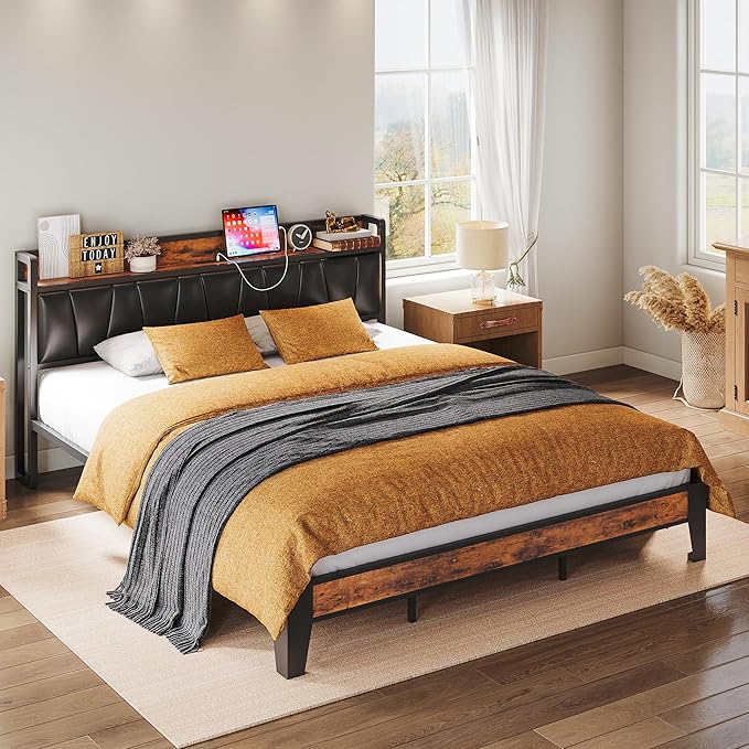 LIKIMIO California King Bed Frame, Storage Headboard with Charging Station, Solid and Stable, Noise Free, No Box Spring Needed, Easy Assembly (Vintage and Black)