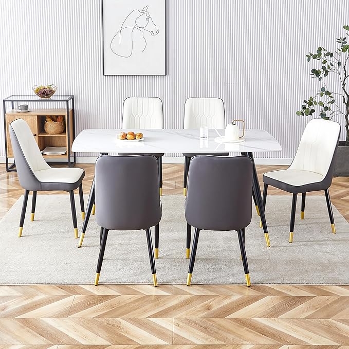 Dining Room Table Set for 6, Dinner Table Set for 6, Sintered Stone Kitchen Table Top and Modern Chairs Set of 6 for Kitchen Dining Room